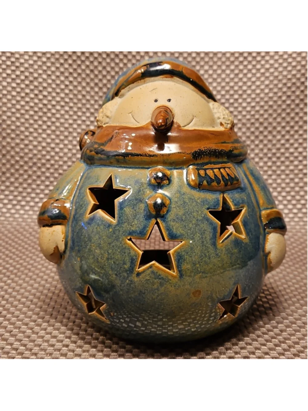 Blue and Brown Snowman Stoneware Handpainted Lantern Tealight Holder Stars